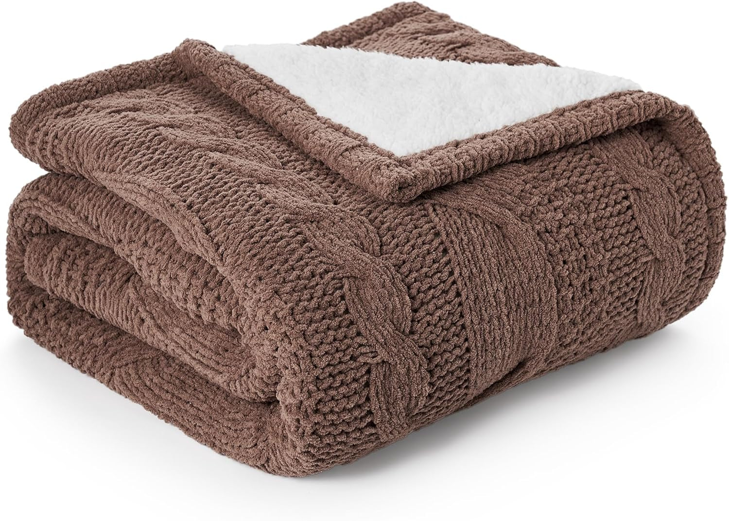 Cable Knit Sherpa Throw Blanket for Couch, Chenille Reversible Soft Cozy Fleece Throw Blankets for Bed Sofa Chair Living Room Comfortable Home Spring Decor, 50"X60", Brown