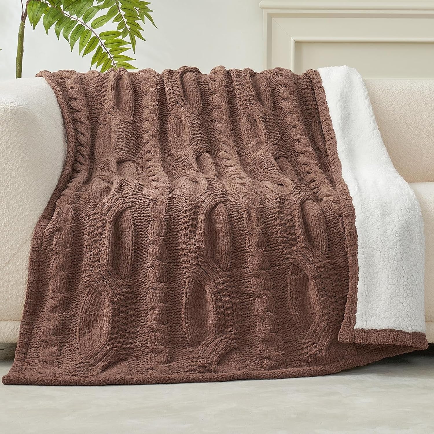 Cable Knit Sherpa Throw Blanket for Couch, Chenille Reversible Soft Cozy Fleece Throw Blankets for Bed Sofa Chair Living Room Comfortable Home Spring Decor, 50"X60", Brown