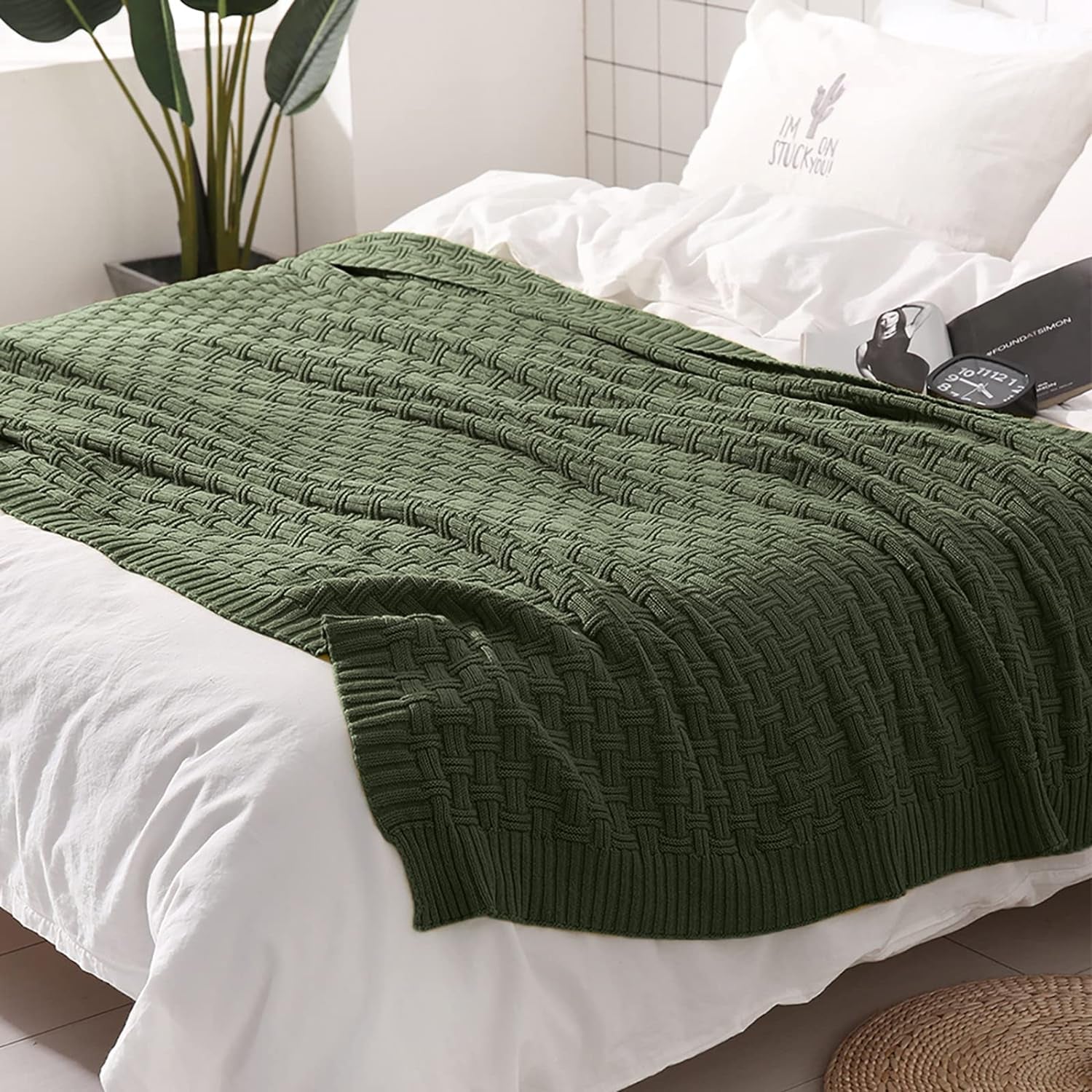 100% Cotton Knitted Throw Blanket Couch Cover Blanket(50 X 60 Inches, Green Forest)