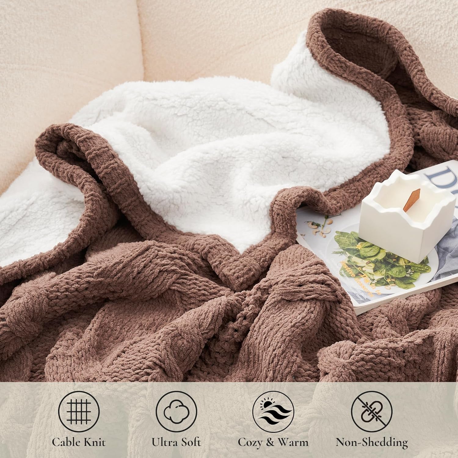 Cable Knit Sherpa Throw Blanket for Couch, Chenille Reversible Soft Cozy Fleece Throw Blankets for Bed Sofa Chair Living Room Comfortable Home Spring Decor, 50"X60", Brown