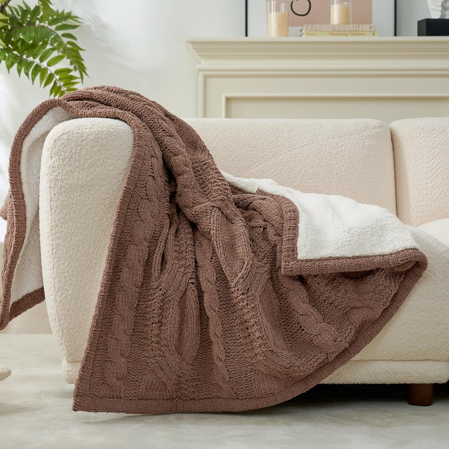 Cable Knit Sherpa Throw Blanket for Couch, Chenille Reversible Soft Cozy Fleece Throw Blankets for Bed Sofa Chair Living Room Comfortable Home Spring Decor, 50"X60", Brown