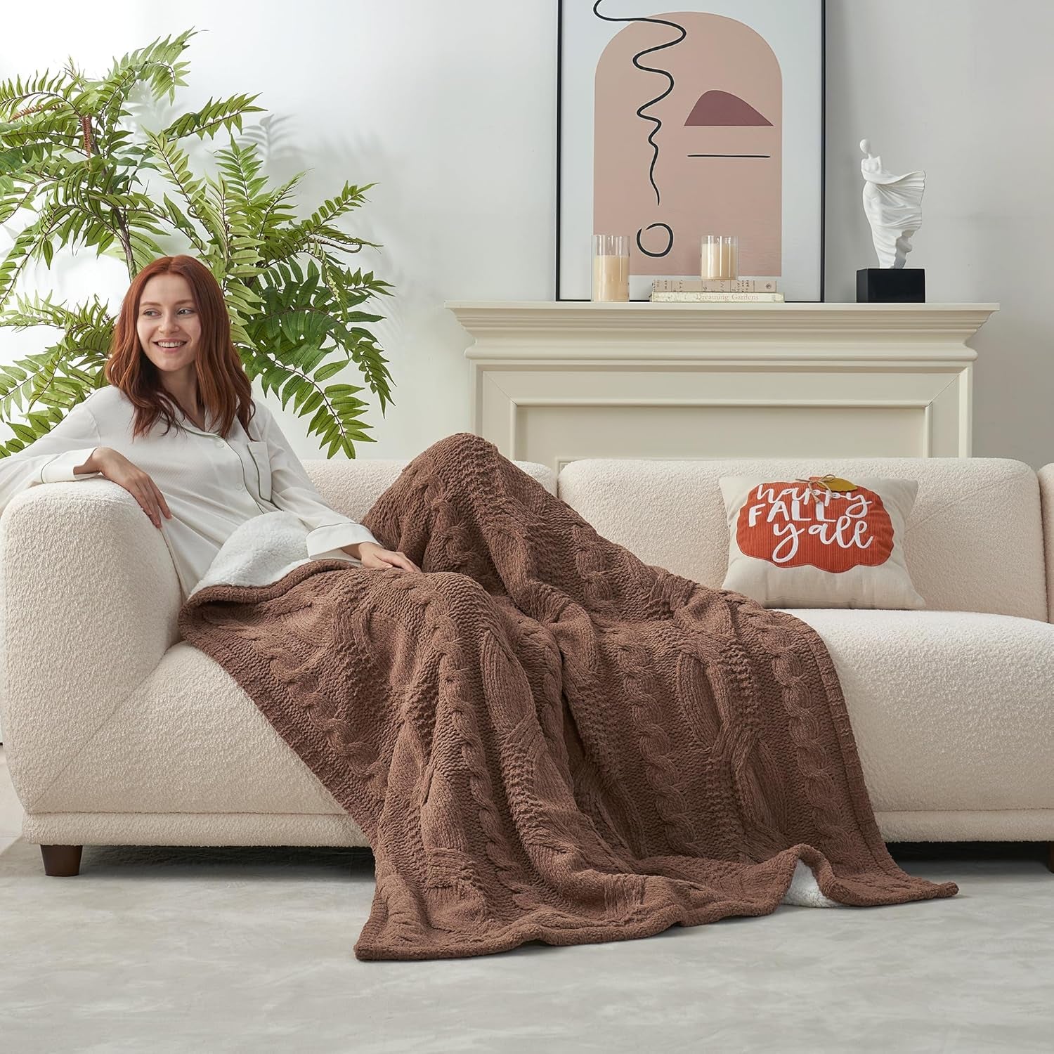 Cable Knit Sherpa Throw Blanket for Couch, Chenille Reversible Soft Cozy Fleece Throw Blankets for Bed Sofa Chair Living Room Comfortable Home Spring Decor, 50"X60", Brown