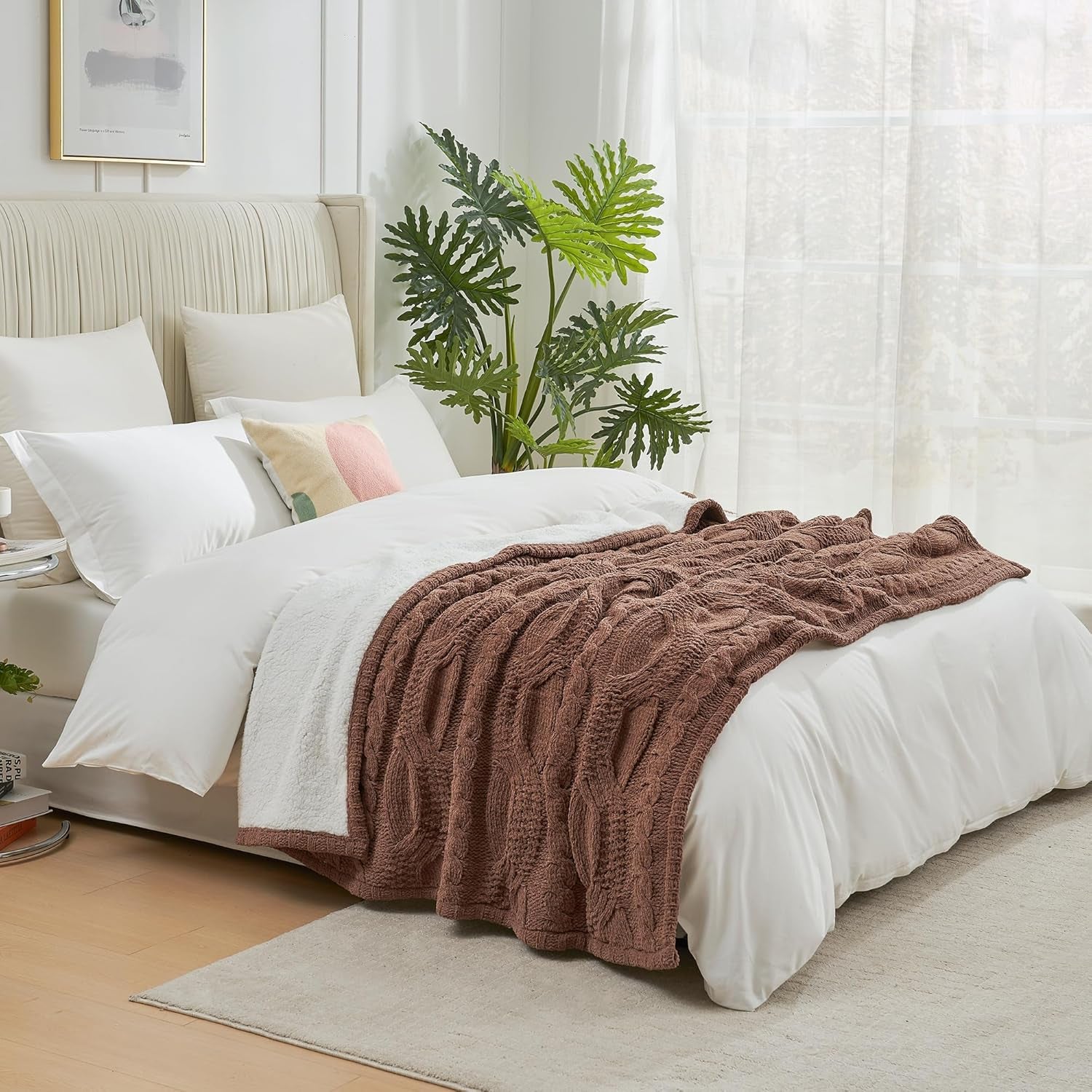 Cable Knit Sherpa Throw Blanket for Couch, Chenille Reversible Soft Cozy Fleece Throw Blankets for Bed Sofa Chair Living Room Comfortable Home Spring Decor, 50"X60", Brown