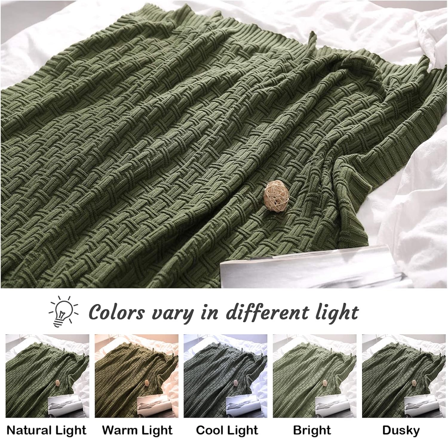100% Cotton Knitted Throw Blanket Couch Cover Blanket(50 X 60 Inches, Green Forest)