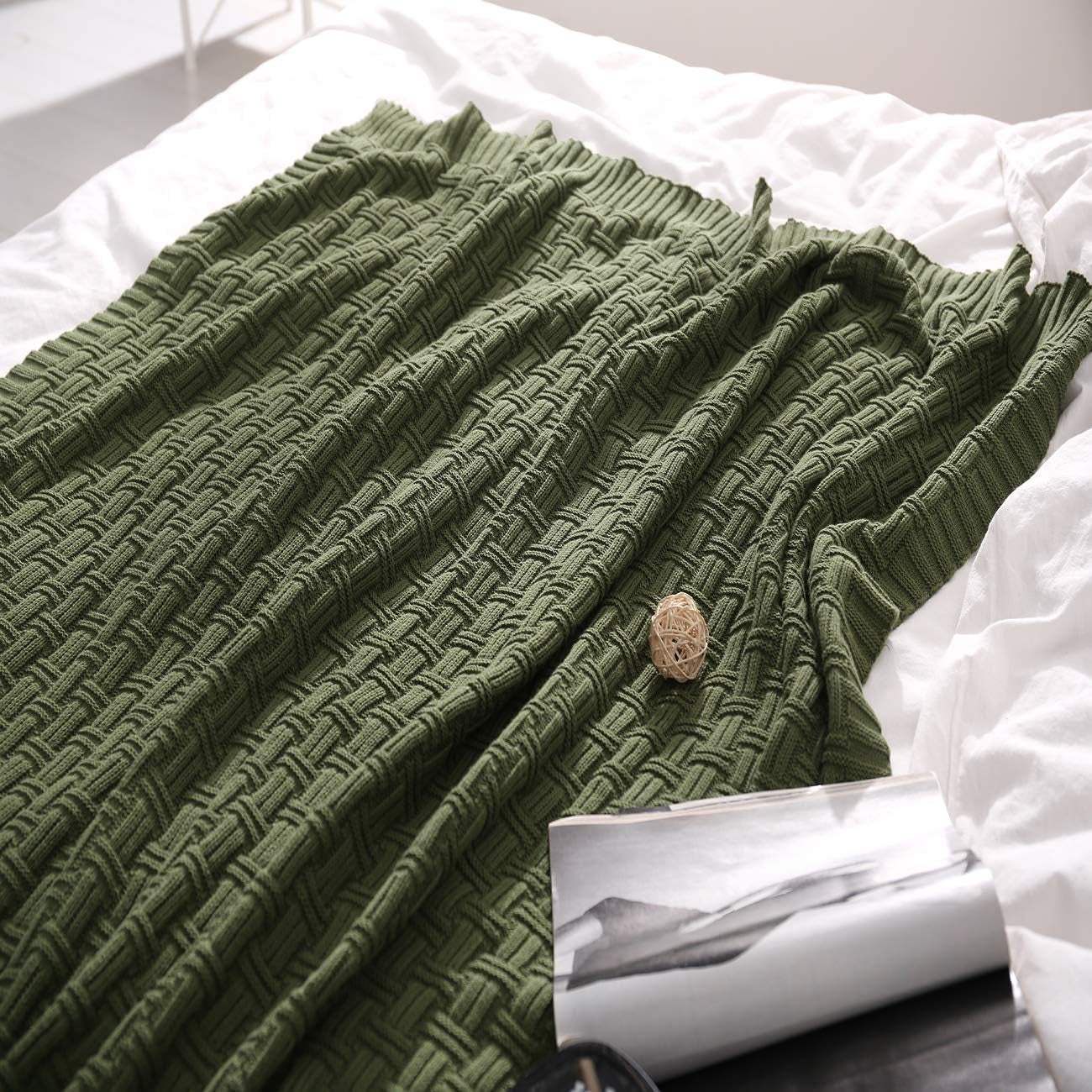 100% Cotton Knitted Throw Blanket Couch Cover Blanket(50 X 60 Inches, Green Forest)