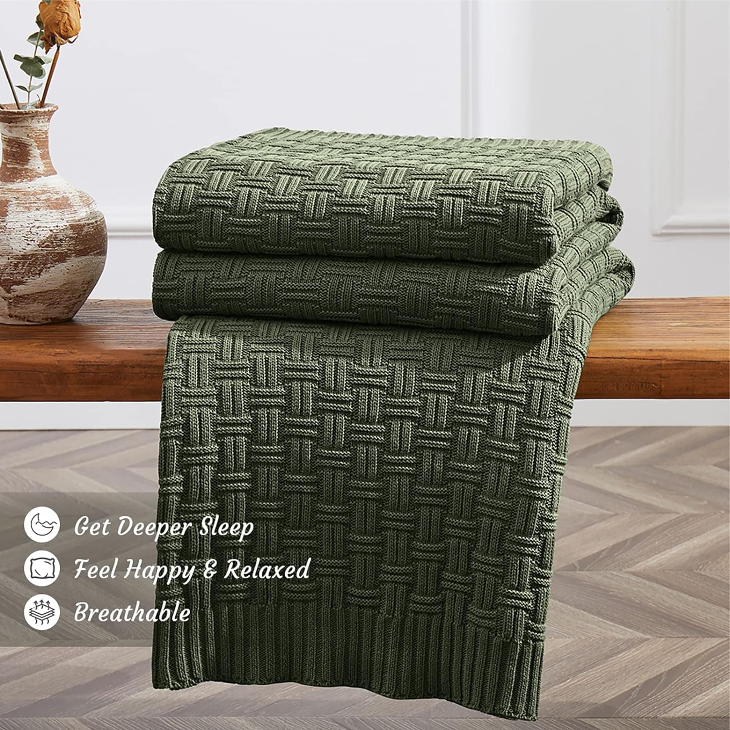 100% Cotton Knitted Throw Blanket Couch Cover Blanket(50 X 60 Inches, Green Forest)