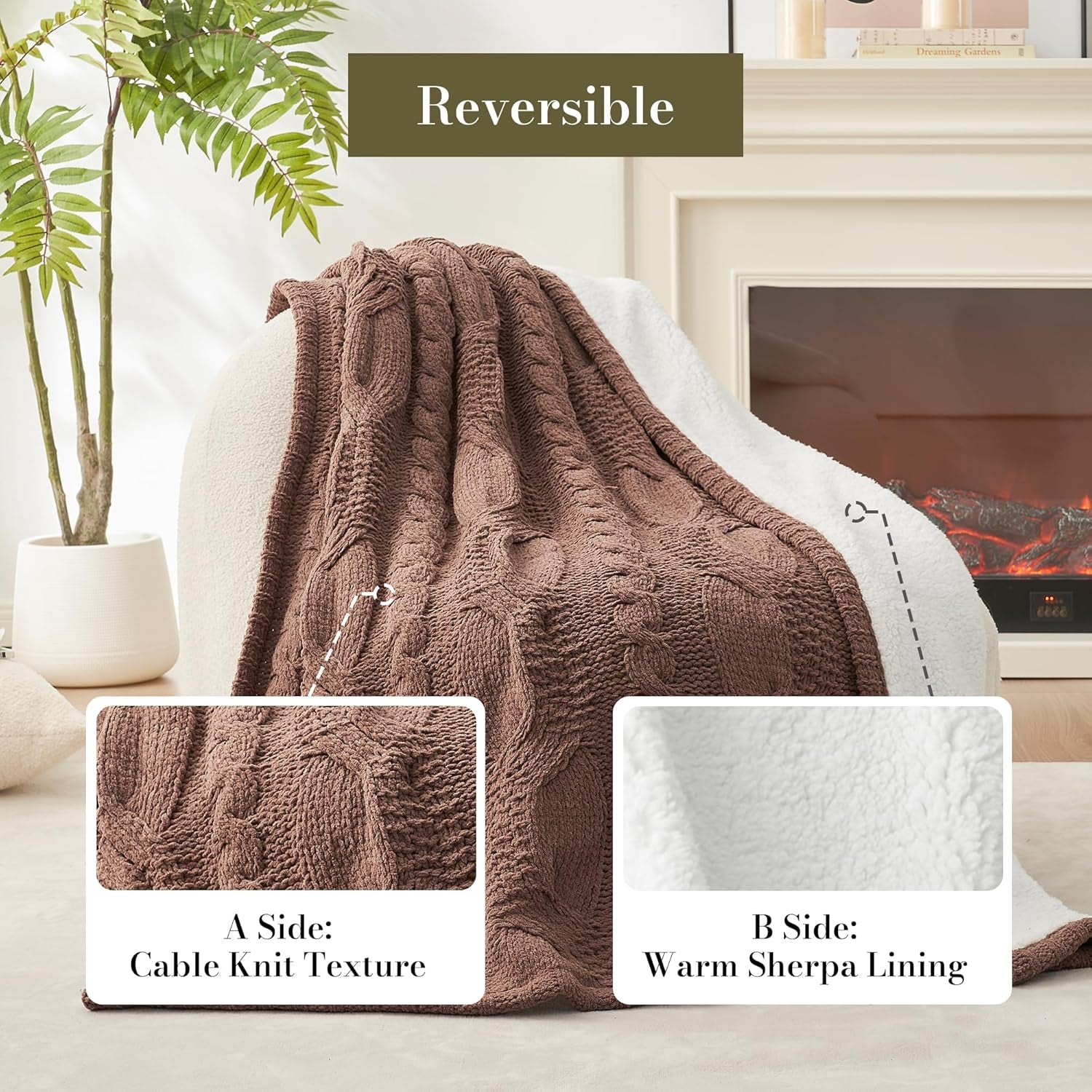Cable Knit Sherpa Throw Blanket for Couch, Chenille Reversible Soft Cozy Fleece Throw Blankets for Bed Sofa Chair Living Room Comfortable Home Spring Decor, 50"X60", Brown