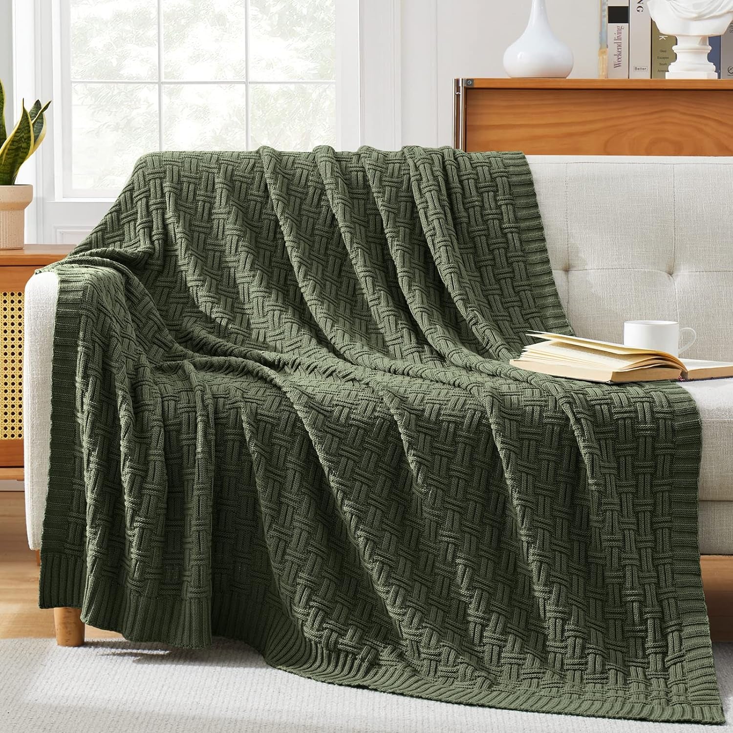 100% Cotton Knitted Throw Blanket Couch Cover Blanket(50 X 60 Inches, Green Forest)