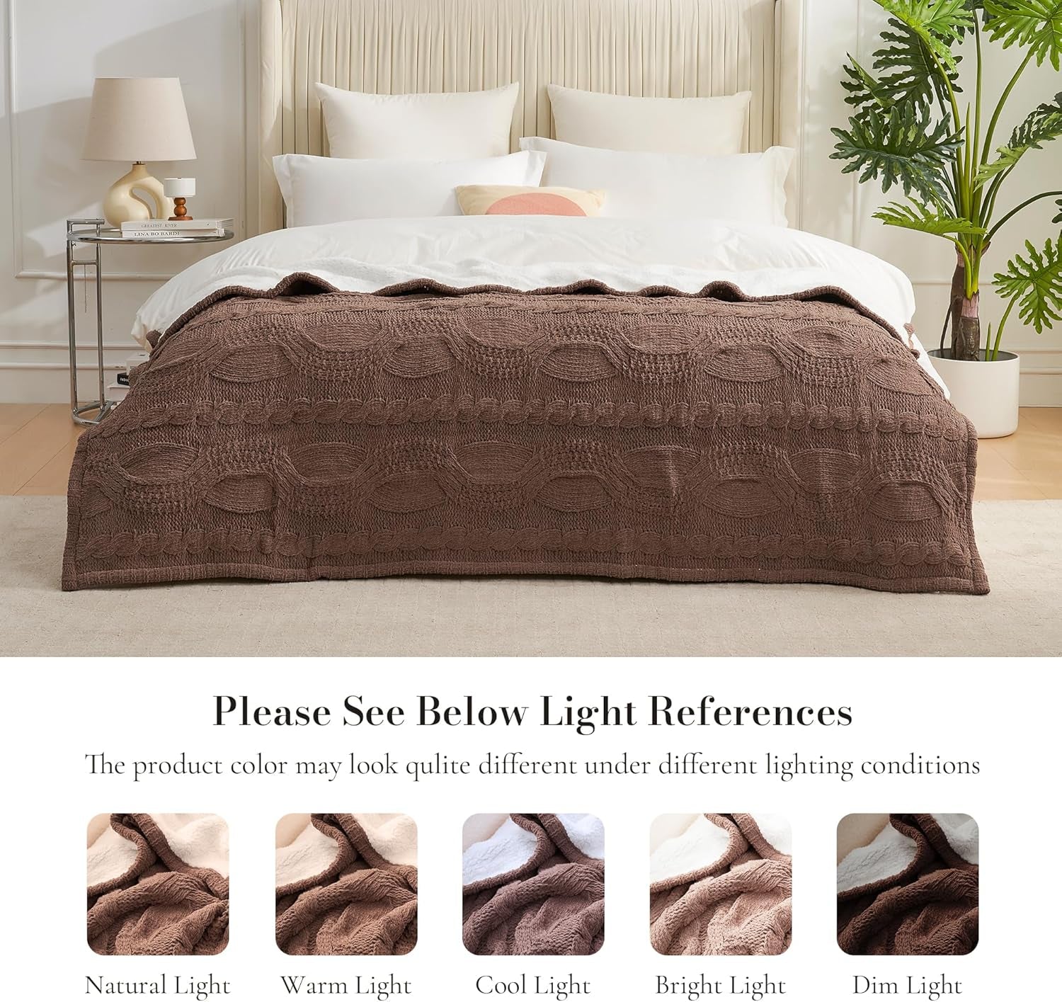 Cable Knit Sherpa Throw Blanket for Couch, Chenille Reversible Soft Cozy Fleece Throw Blankets for Bed Sofa Chair Living Room Comfortable Home Spring Decor, 50"X60", Brown